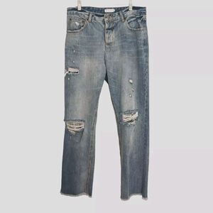 Avec Les Filles Jeans Womens Sz 30 Blue Knee Holes Distress Straight Leg Fringe
